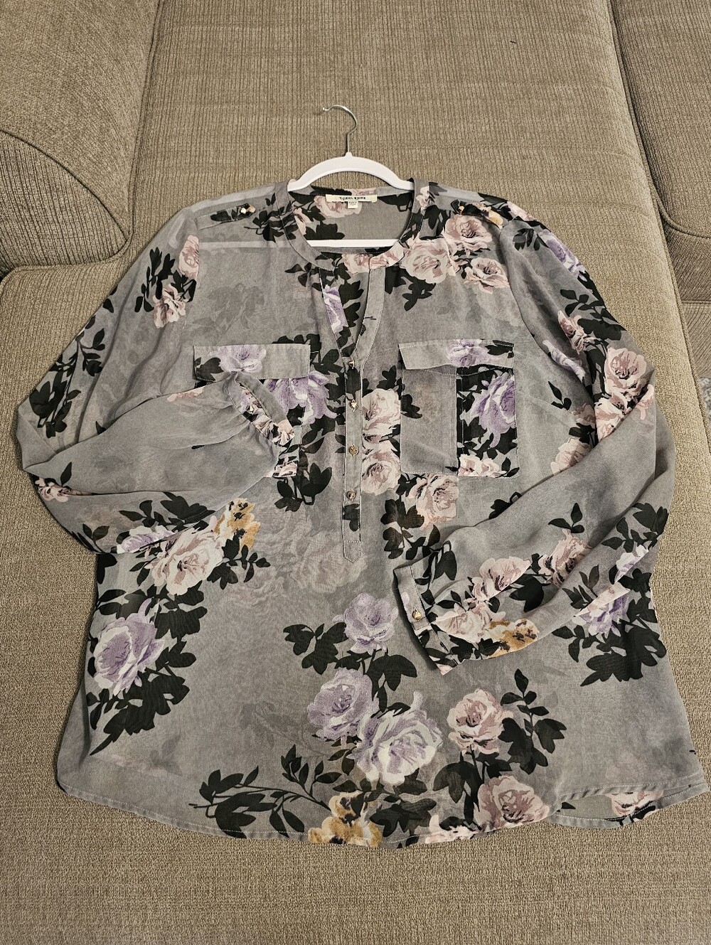 Daniel Rainn Sheer Light Gray Purple Floral Casual Popover Top Size XL